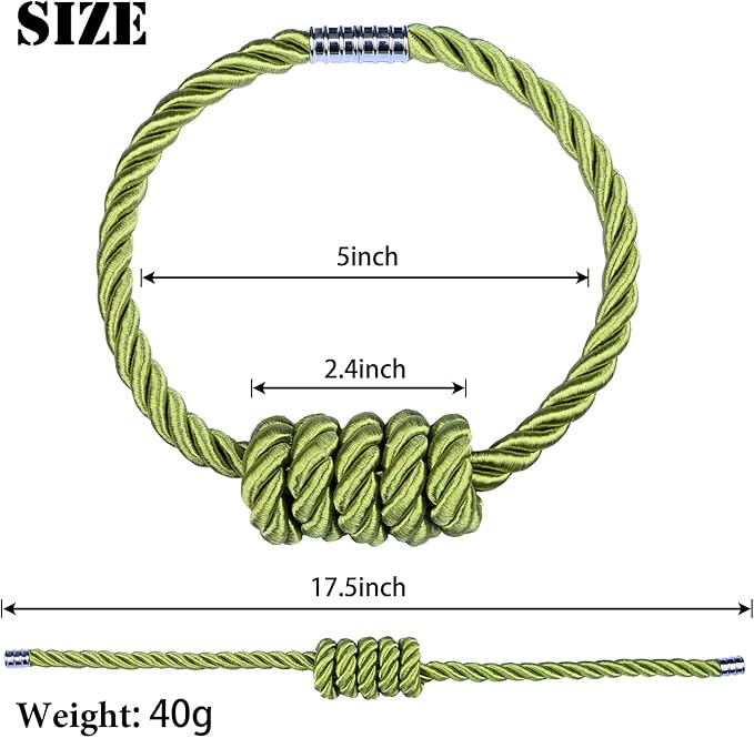 BEL AVENIR Magnetic Curtain Tiebacks, Decorative Drapery Holdbacks Modern Woven Tie-Backs with Exquisite Knot (Green, 6 Pack)