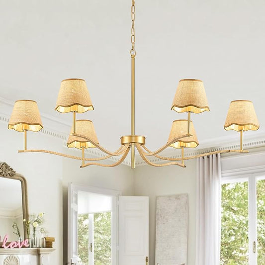 6 Light Boho Rattan Chandelier 44'' Brass Gold Chandelier Light Fixture Hand Woven Dining Room Chandeliers for Entryway Bedroom Living Room Bathroom