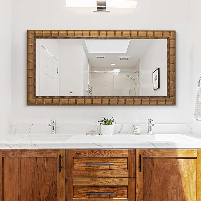 Large Wall Decorative Mirror, 48'' x 24'' Antique Gold Mirror with Bamboo-Joint Design, Rectangular Warm Gold Mirrors for Bathroom, Entryway, Dining Room, Fireplace，Horizontal/Vertical