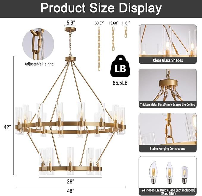 Large Gold Chandelier,24-Lights Wagon Wheel Chandelier with Glass Shade,48 Inch Round Industrial High Ceilings Pendant Lighting Fixture for Dining Living Room, Kitchen Island, Foyer
