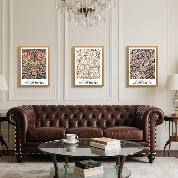LLEEMPI William Morris Wall Art Set of 3, Vintage Botanical Wall Decor, Rustic Farmhouse Canvas Painting, Classic Minimalist Poster Prints for Bedroom Bathroom Office Wood Framed 12x16 Inch