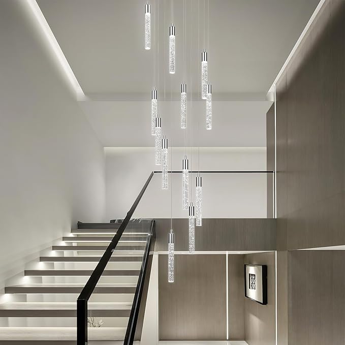 12 Light Living Room Chandelier Chrome Crystal Pendant Lights LED Dimmable 72W 6000K Staircase Large Chandelier Lobby Living Room Foyer High Ceiling Chandeliers