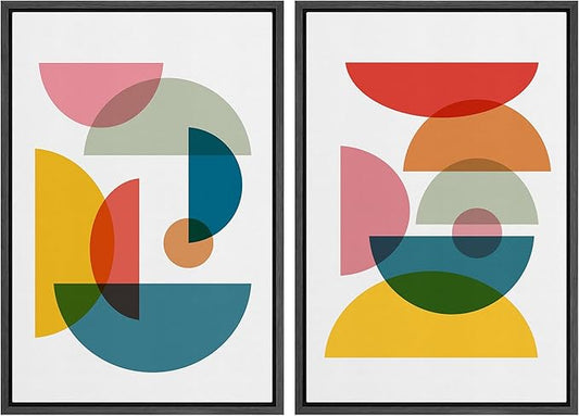 MUDECOR Framed Wall Art Print Set Mid-Century Style Multicolor Semi-Circle Variety Abstract Shapes Illustrations Modern Minimalist Chic for Living Room, Bedroom, Office - 24"x36"x2 Black