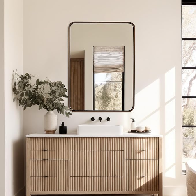 ANDY STAR Bronze Bathroom Mirror 30X40, Large Brushed Bronze Mirror for Wall, Rounded Rectangle Mirror Oil Rubbed Bronze, Bronze Vanity Mirrors in Metal Frame Hangs Horizontal Or Vertical