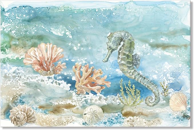 Ocean Wall Decor Seahorse Canvas Art Coastal Marine Sea Life Themed Painting Watercolor Seashell Nautical Picture Coral Artwork for Bathroom Bedroom 24x16Inch