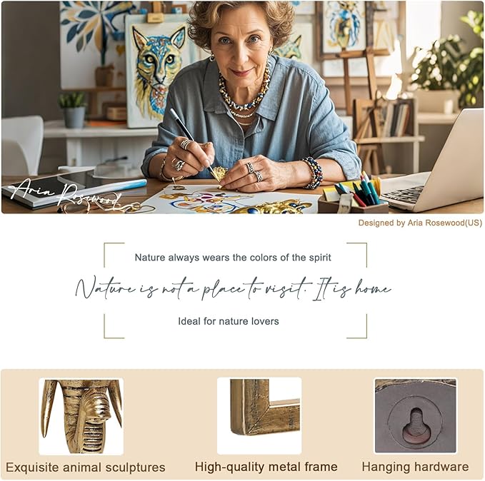 Newinhome Animal Heads Wall Decoration (Gift Metal Frame) Resin Animals Sculptures Head Wall Hanging Decor Gold vintage Wall Sculpture for Living Room Bedroom Office(Elephant)