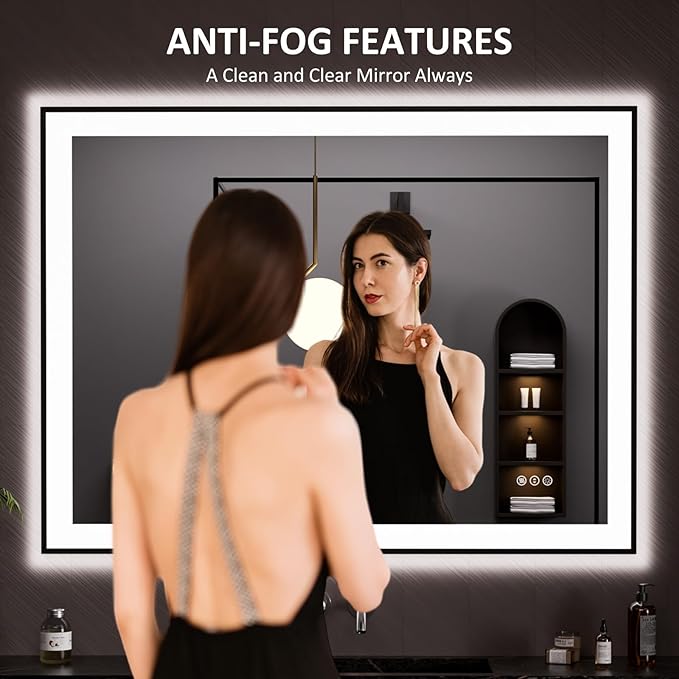 LOAAO 48"X36" LED Bathroom Mirror Black Framed, Anti-Fog, Dimmable, Lighted Bathroom Vanity Mirror for Wall, Memory Function, Tempered Glass
