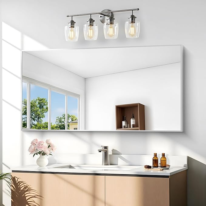 BONEWEI Silver Bathroom Mirror,24x48 inch Wall Mirror for Bathroom Wall Mounted,Large Rectangle Mirror for Bathroom Over Sink,Modern Metal Frame for Living Room,Bedroom Entryway,Horizontal/Vertical