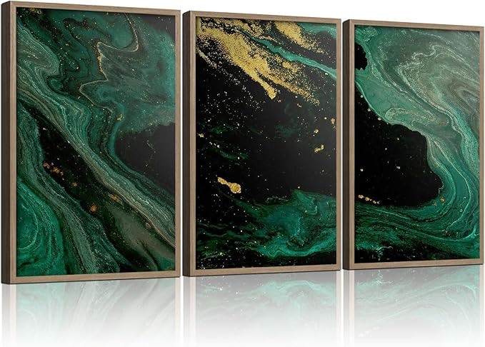 3pcs Wood Framed Green Black Abstract Canvas Wall Art - Deep Space Artwork - Modern Decorative Abstract Prints Posters - Living Room Bedroom Decorative Paintings Gallery Style Wall Hanging Pictures