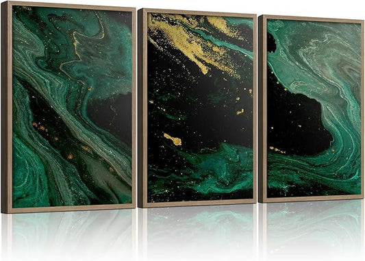 3pcs Wood Framed Green Black Abstract Canvas Wall Art - Deep Space Artwork - Modern Decorative Abstract Prints Posters - Living Room Bedroom Decorative Paintings Gallery Style Wall Hanging Pictures
