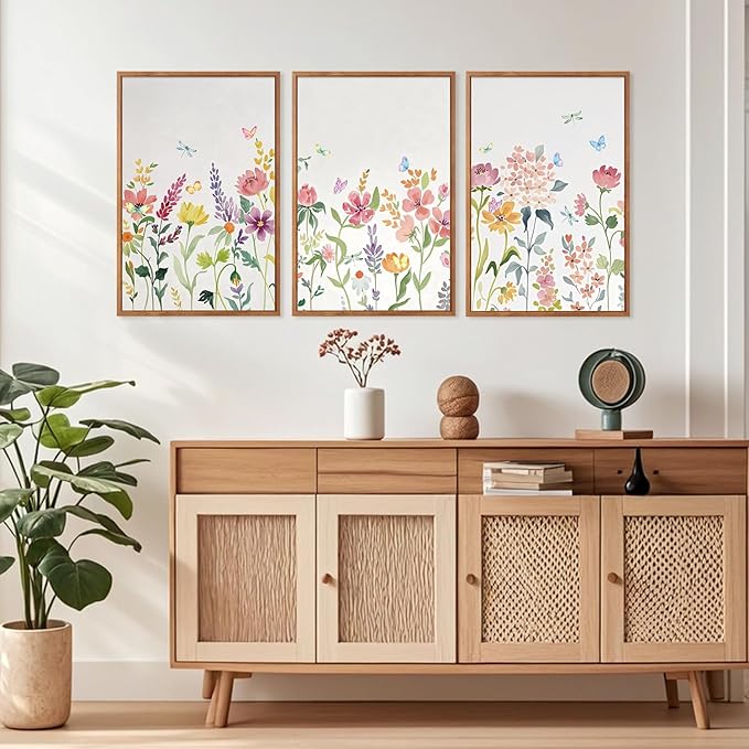 CHDITB Framed Canvas Wall Art Set, Nature Butterfly Flower Wall Decor, Floral Poster,Botanical Artwork Wildflower Painting, Abstract Green and Pink Art Prints for Young Lady Girl Room 16"x24"x3