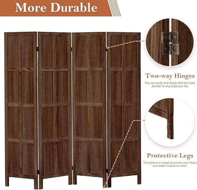 4 Panel Room Divider and Folding Privacy Screen, Classic 5.6Ft Wood Room Divider Wall, Partition Screen Divider for Room Separation for Home Office, Bedroom, Office, Dressing Room, Brown