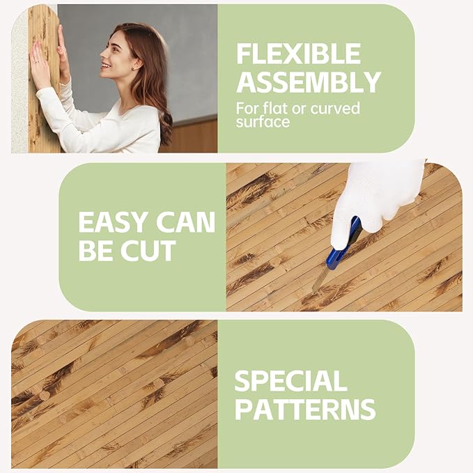 Bamboo Wall Panels for Interior Wall Decor（12"H x 96"L）Natural Wainscoting Panels Wall Paneling for Living Room Decor, Tiki Bar,Kitchen,Ceiling Tiles, Pole Wrap Wood Roll,Wall Decor for Bedroom