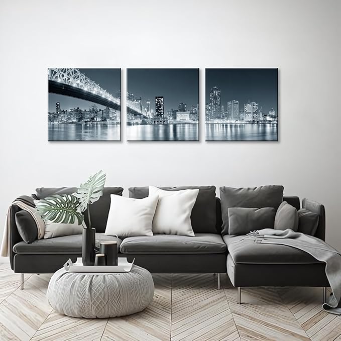 New York City Skyline Panoramic Canvas Art Black and White Brooklyn Bridge Night Scene 3 Panel Modern Urban Landscape Wall Decor Skyscrapers Reflection Print Living Room Office Bedroom Home Decoration