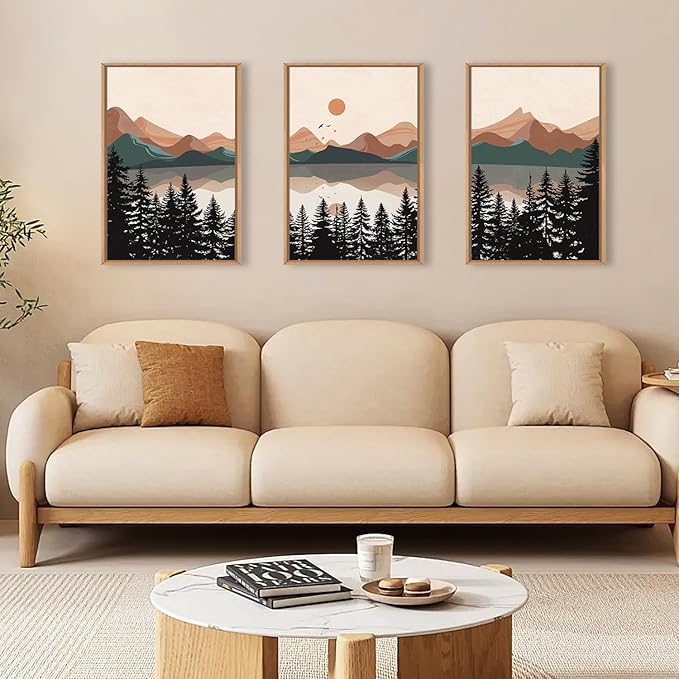KAIRNE Mountain Framed Canvas Wall Art, Mid Century Modern Decor, Boho Wall Art Painting, Lake Pines Tree Sunset Nature Landscape Art Print for Living Room, Bedroom, Office, Dining Room- 16"x24"x3