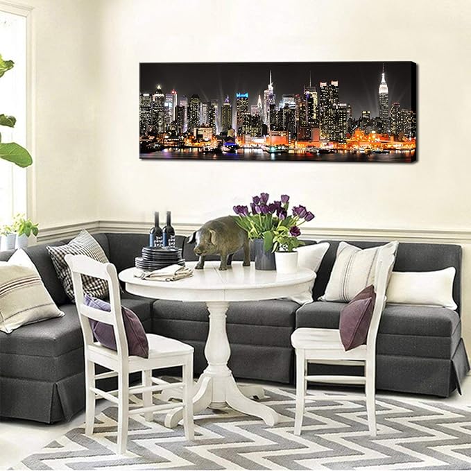 Biuteawal New York City Canvas Wall Art Manhattan Skyline at Night Picture Prints Framed NYC Skyline Landscape Artwork Modern Canvas Print Art for Home Office Living Room Decor
