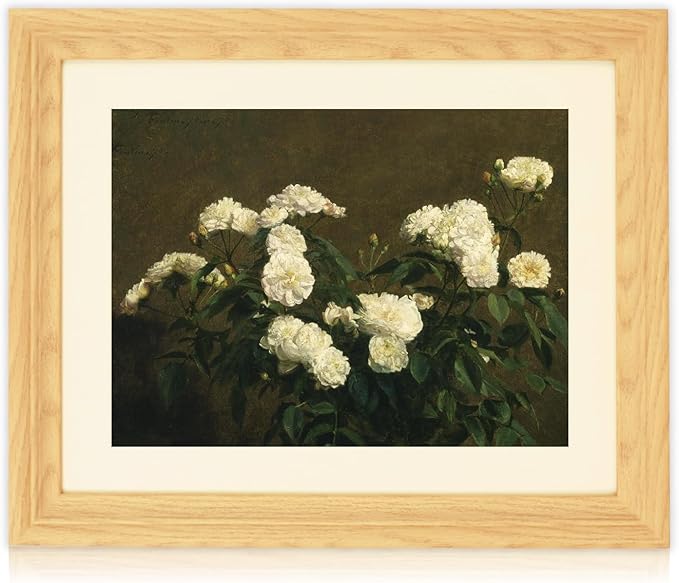 Brivoria Framed Canvas Wall Art Vintage Decor, Antique Botanical Floral Print Showing White Roses and Autumn Rustic Background for Entryway Hallway Reading Nook Office or Bathroom Decoration, 13"x16"