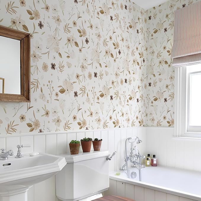 17.3"x236" Warm White Peel and Stick Wallpaper Autumn Brown Floral and Leaf Contact Paper Self Adhesive Removable Waterproof Wall Paper for Living Room Wall Decor