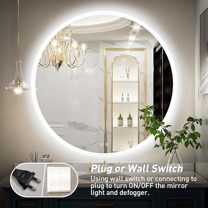 24 Inch Round LED Bathroom Mirror - 6000K Daylight Backlit, Anti-Fog & Dimmable, Frameless Waterproof Mirror with Touch Control, CRI90+, IP54 for Vanity & Makeup
