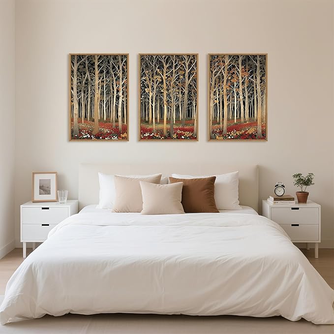 Large Modern Autumn Birch Trees Framed Canvas Wall Art,Boho Aspen Trees Wall Decor,Mid Century Fall Forest Artwork,Natural Midnight Wilderness Art Print for Living Room,Bedroom,Office-16"x24"x3
