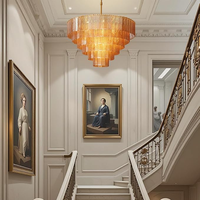 Large Chandelier, 41" Gold Chandelier for Dining Room, 18-Light Round Drum Kitchen Island Hanging Light Fixture，Amber Glass Linear Chandeliers Perfect for Living Room, Bedroom,Kitchen, Foyer