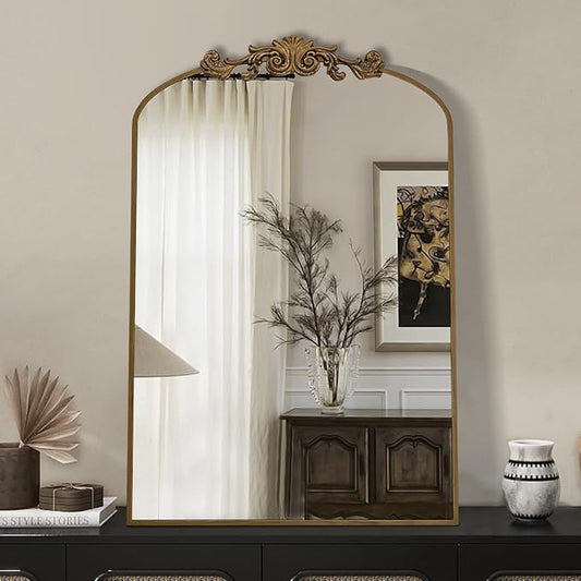 Vintage Gold Entryway Mirrors for Wall, 24"x36" Traditional Antique Baroque Mirror Decorative, Ornate Arched Mirror for Fireplace, Hallway, Bathroom, Living Room