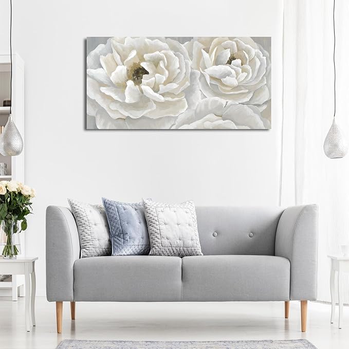 arteWOODS Cream White Flowers Wall Art - Soft Peony Pictures for Wall Decor Elegant Blossom Flower Painting Artwork Botanical Prints for Living Room Home Office Wall Decoration 20" x 40"