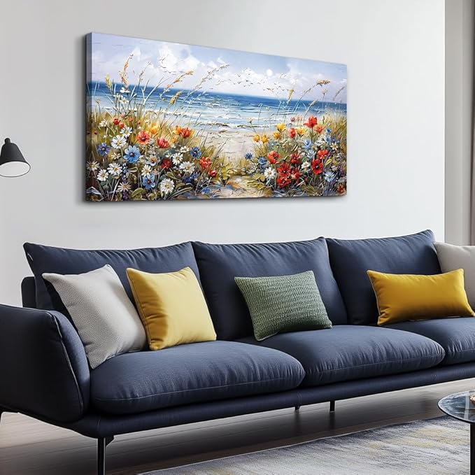 MHARTK66 Large Canvas Wall Art Flowers Farmhouse Bedroom Wall Painting Wall Decor For Living Room Office Blue Watercolor Print Nature Artwork For Walls Ocean Poster Modern Home Decorations 24x48