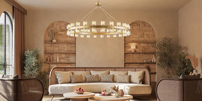 48 Inch Gold Wagon Wheel Chandelier with Crystal Shade, 48 Lights, Modern Farmhouse Style, Ideal for Dining Room, Kitchen, Entryways