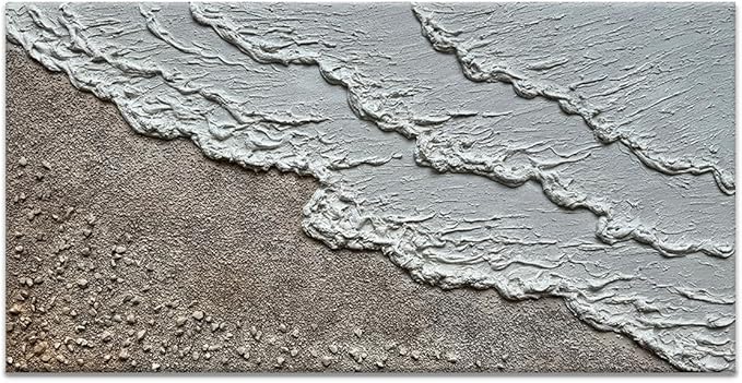 Large Oil Painting Hand-Painted Thick Texture Wave Beach Minimalist Modern Abstract Canvas Art Warm Acrylic Painting 24x48 Inches Home Office Wall Decoration