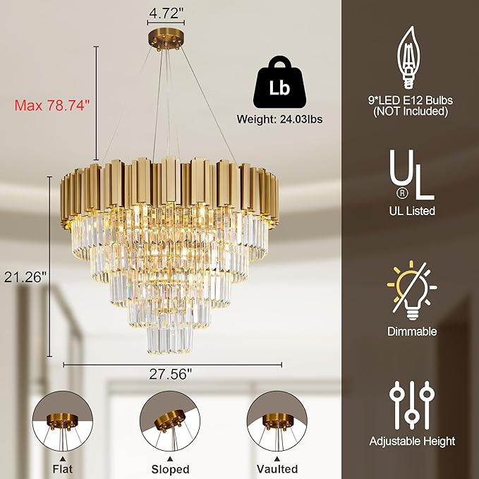 5-Tier 27.5" Modern Crystal Chandelier, 9-Light Gold Chandelier, Luxury Round K9 Crystal Chandeliers Pendant Light Fixture for Dining Room, Living Room, Bedroom, Foyer, Entryway, Kitchen, Restaurant