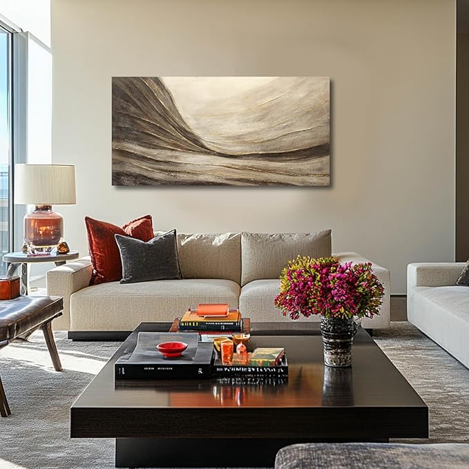 Brown Wall Decor Abstract Wall Art Gold Line Painting Living Room Wall Decorations Dark Grey Photo Prints for Kitchen 24x48 Inch Textured Wall Art