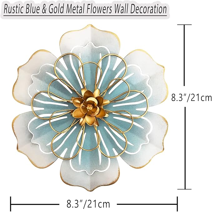Metal Flower Wall Art Decor, 9.5”Rustic Modern Floral Sculpture, Distressed Iron Wall Hanging Home Decoration Accent Artworks for Indoor Kitchen Bedroom Living Office Outdoor Garden Patio-06 Blue Gold
