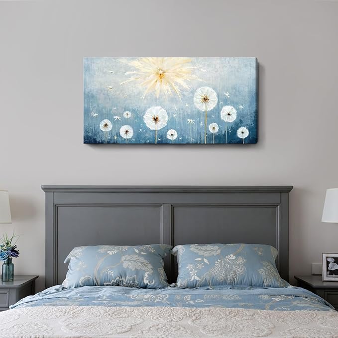 Nicetop Large Canvas Wall Art for Living Room- Floral Landscape Artwork Gallery Wrapped Nature Wildflower Dandelion Print Botanical Flower Picture Bedroom Office Decor,Blue and White, 48x24 Inch