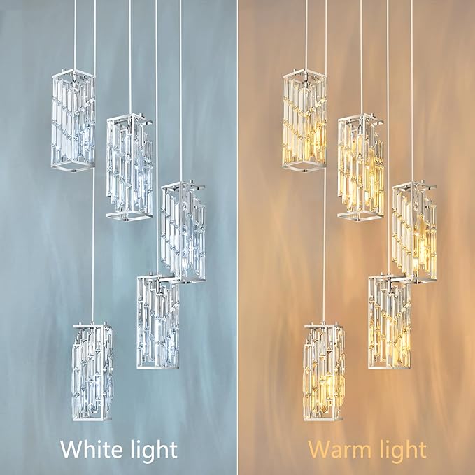 Chrome Pendant Lighting Modern Pendant Light, Mini Crystal Chandeliers,Adjustable Pendant Light Fixture for Kitchen Island Dinning Room Bedroom (5 Light)