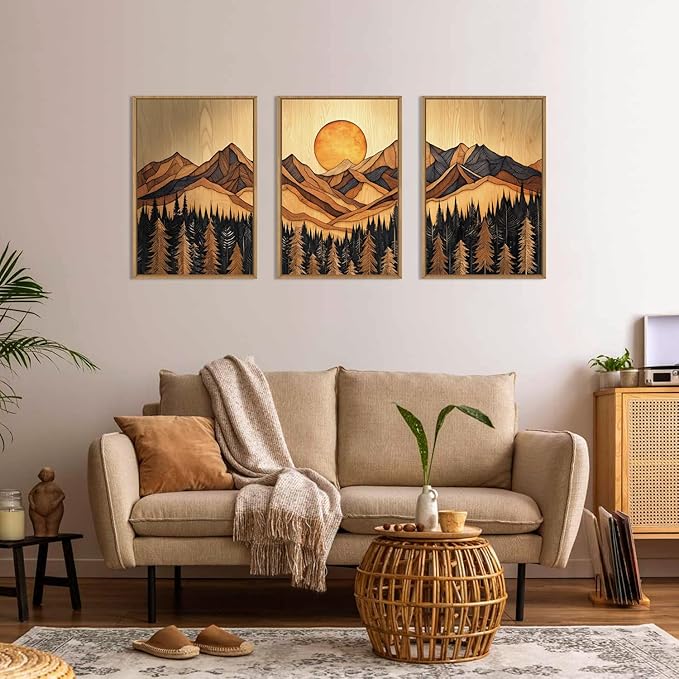 Ausril Woodcut Mountain Pine Tree Framed Canvas Wall Art Set of 3-16x24 Inch, Vintage Nature Forest Wilderness Landscape Print, Brown Boho Style Painting for Living Room, Bedroom, Office Decor