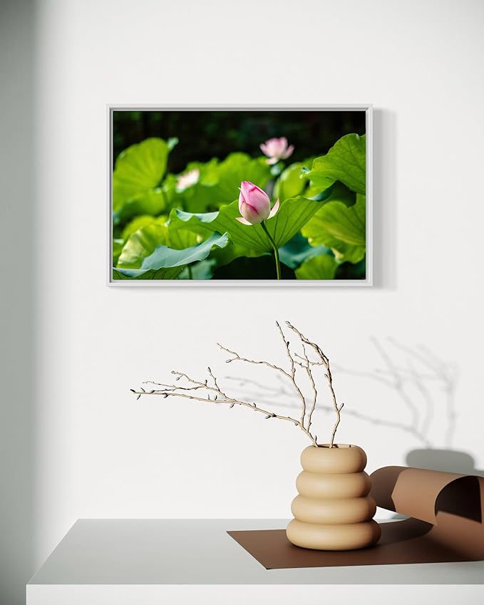 Oriental Beauty: Stunning Feng Shui Landscape Wall Art Prints for Home Decor in 3 Sizes (Serenity in Bloom: Pink Lotus Bud Amidst Green, 20" x 30")
