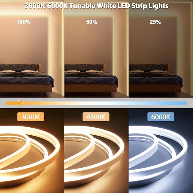 Lamomo LED Strip Lights, Tunable White Neon Rope Lights with Remote, 32.8Ft Dimmable 3000K-6000K Flexible Led Light Strip, Waterproof Silicone 24V Neon Lights for Bedroom Home Decor Warm White