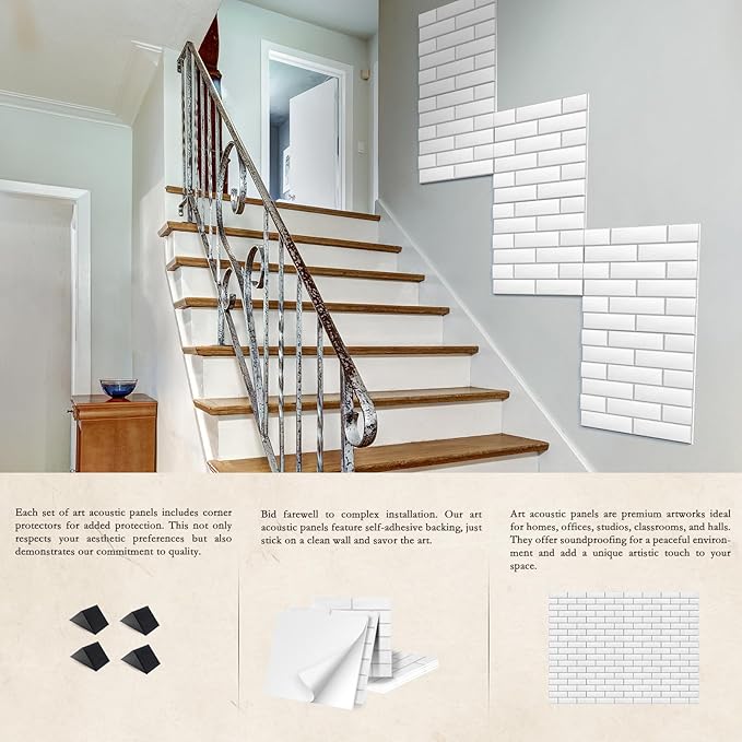 12Pack Acoustic Panels, Self-Adhesive 3D Brick Pattern Sound Proof Panels for Walls, Decorative Sound Dampening Wall Panels for Recording Studios, Offices, Home, 12"×12"×0.4", White