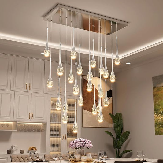 24-Lights Raindrop Chandeliers for Dining Room, Chrome Rectangular Pendant Lights Fixture,Teardrop Pendant Lights Kitchen Island, Adjustable Rectangular Chandelier for Entryway Foyer High Ceiling