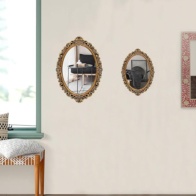 OIGUMR Small Oval Wall Mirror Resin Frame Size：15.7 x 11.2 inch Mirror Vintage Hanging Mirrors for Bedroom Living-Room Dresser Decor Gold