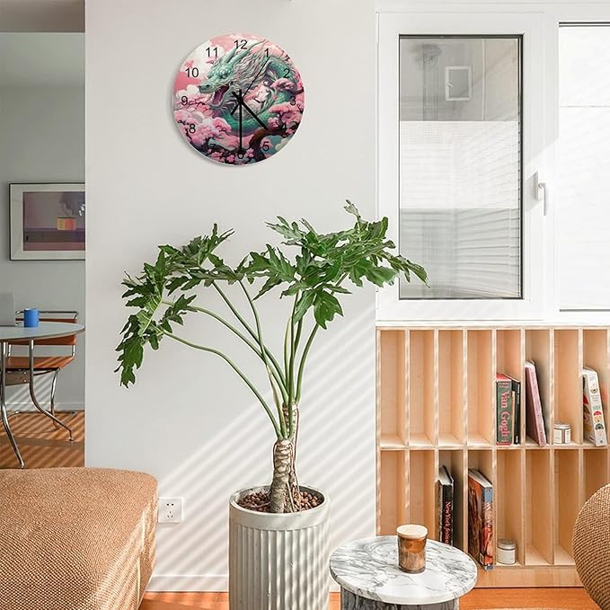 Pink Dragon-Themed Round Wall Clock, Pink Background Flower Tree Girl's Personalized Oriental Dragon Decoration, Wooden Silent Wall Clock for Family Room Bedroom 12x12INCH