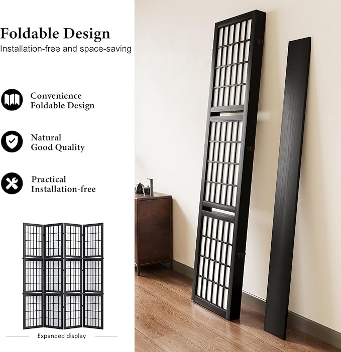 5.6FT Room Divider and Folding Portable Partition Screen, Chinese Japanese Shoji Style with Three Display Shelves for Room Separation - 4 Panel (Black)