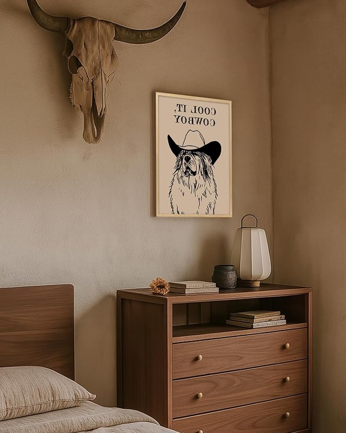 ARPEOTCY Small Framed Canvas Wall Art, 12x16in, Vintage Cowboy Dog Art(Cool It, Cowboy), Trendy Western Room Wall Decor for Bedroom, Country Retro Artwork