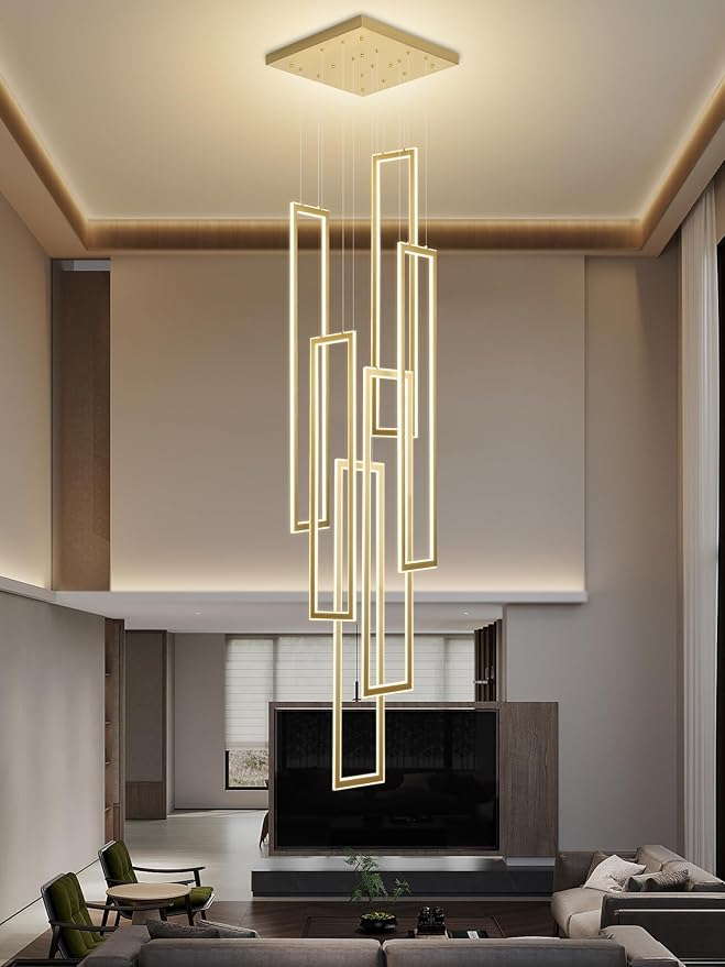 6-Rings Modern Chandelier,H138 Rectangle Chandeliers for Staircase,LED Dimmable High Ceiling Chandeliers Large Contemporary Chandelier for Villa Foyer Gold