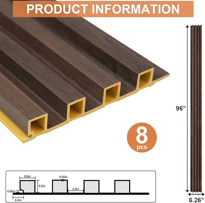 8-Pack WPC Slat Wall Panels, 96 x 6.6 in Decorative Acoustic Slats 3D Wall Panels, Water-Proof and Easy Installation,Walnut