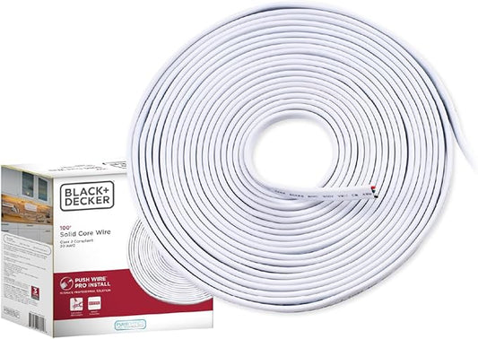 Black+Decker PureOptics Professional Push Wire 100' Jumper Wire Spool for Under Cabinet Lighting, Flat 5/6" or 8mm Cable, 4-Core CL2 Compliant, Non-Metallic, White