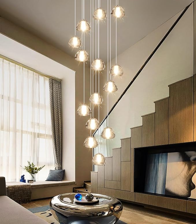 14-Light Modern Chandeliers for Entrance High Ceiling Chandelier Long Lights Fixture LED Ceiling Light Bubble Crystal for Hallway Foyer Stairwell