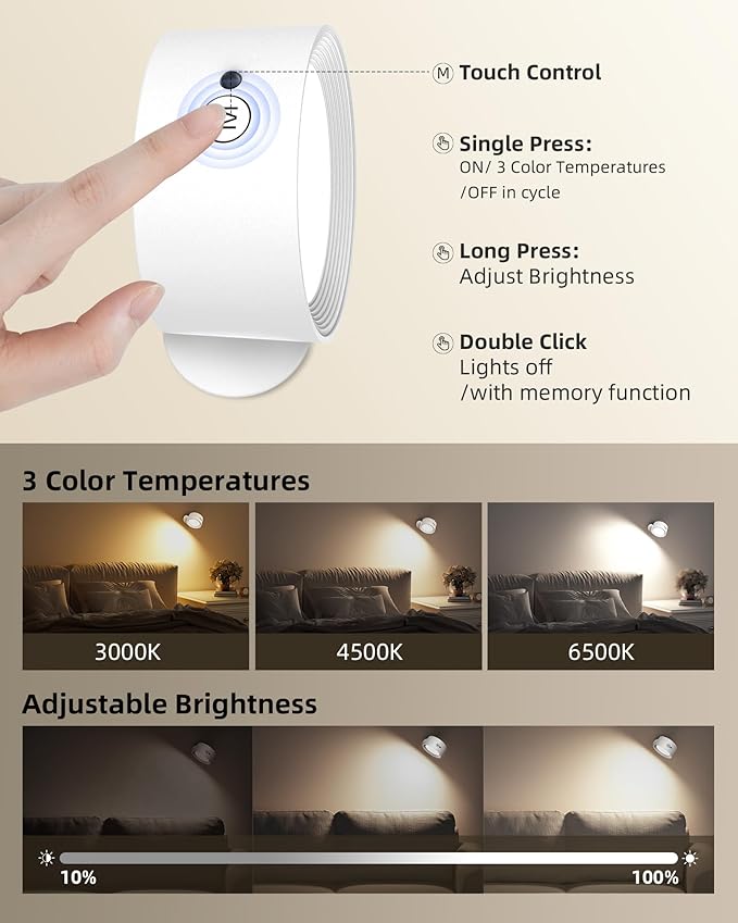 LED Wall Mounted Lights, Rechargeable Wall Sconces Lamp, 3 Color Temps & Remote and Touch, 360°Rotation Dimmable Cordless Wall Light for Study Bedroom Reading Bedside(White, 2 Pack)