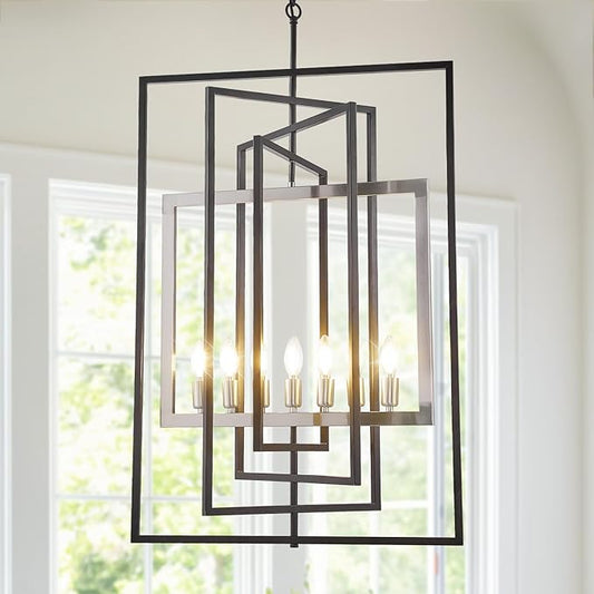 7-Light Farmhouse Lantern Pendant Light Fixtures, Rustic Industrial Foyer Lighting Fixtures, Large Foyer Chandeliers for High Ceilings, for Dining Room, Kitchen Island, Entryway（Black & Silver）